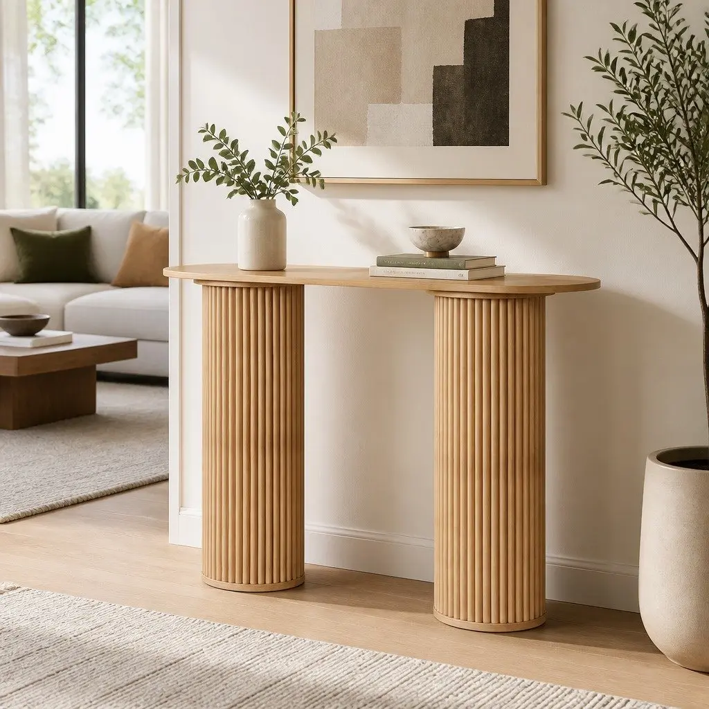 Console Table Oval 115CM Modern MDF and Wood Side Table with Fluted Base