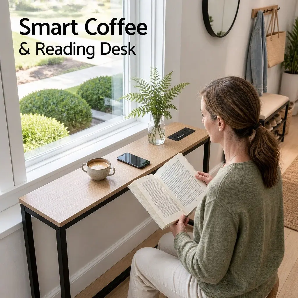 Console Table Entryway Hallway Display Desk with Charging Station Wood Top