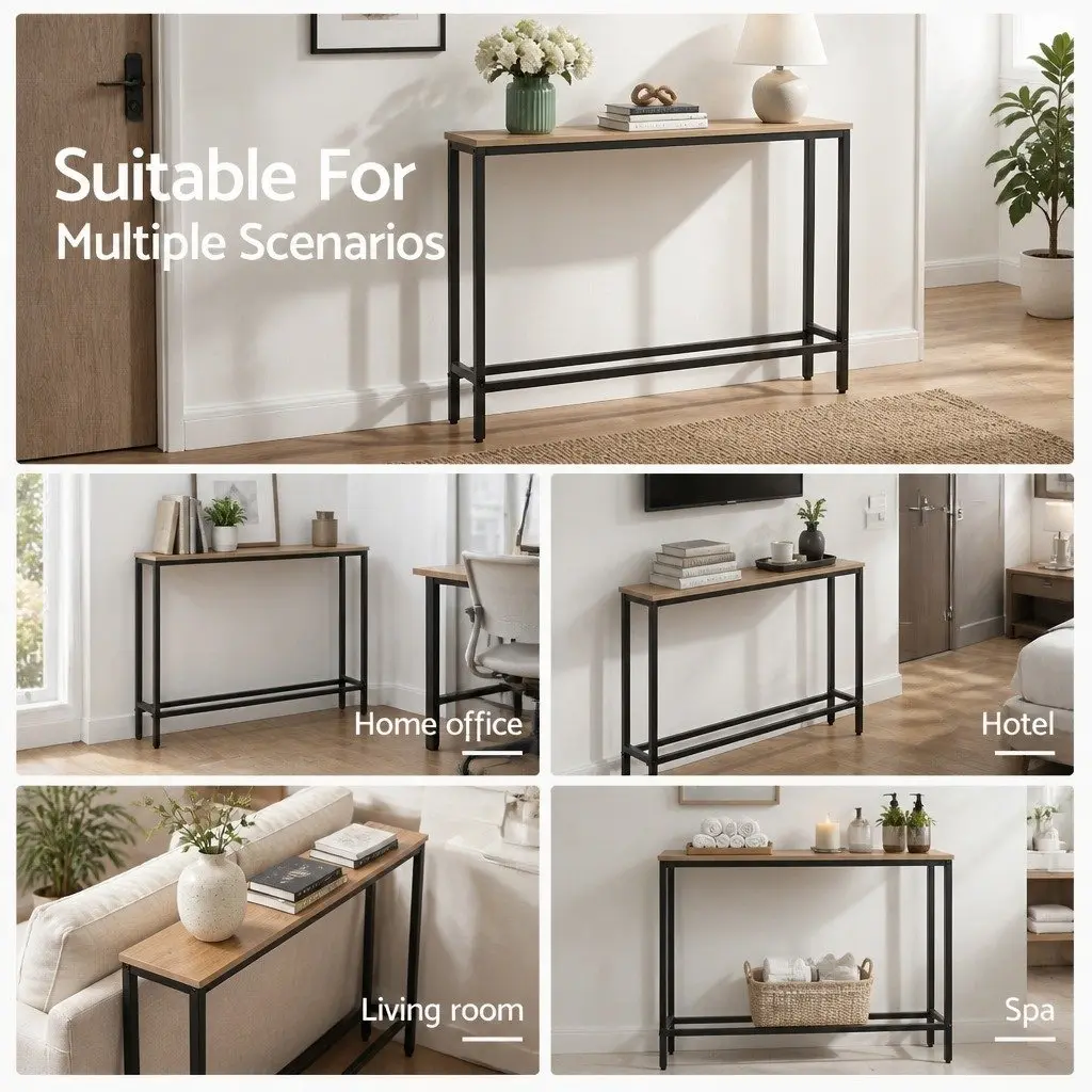 Console Table Entryway Hallway Display Desk with Charging Station Wood Top