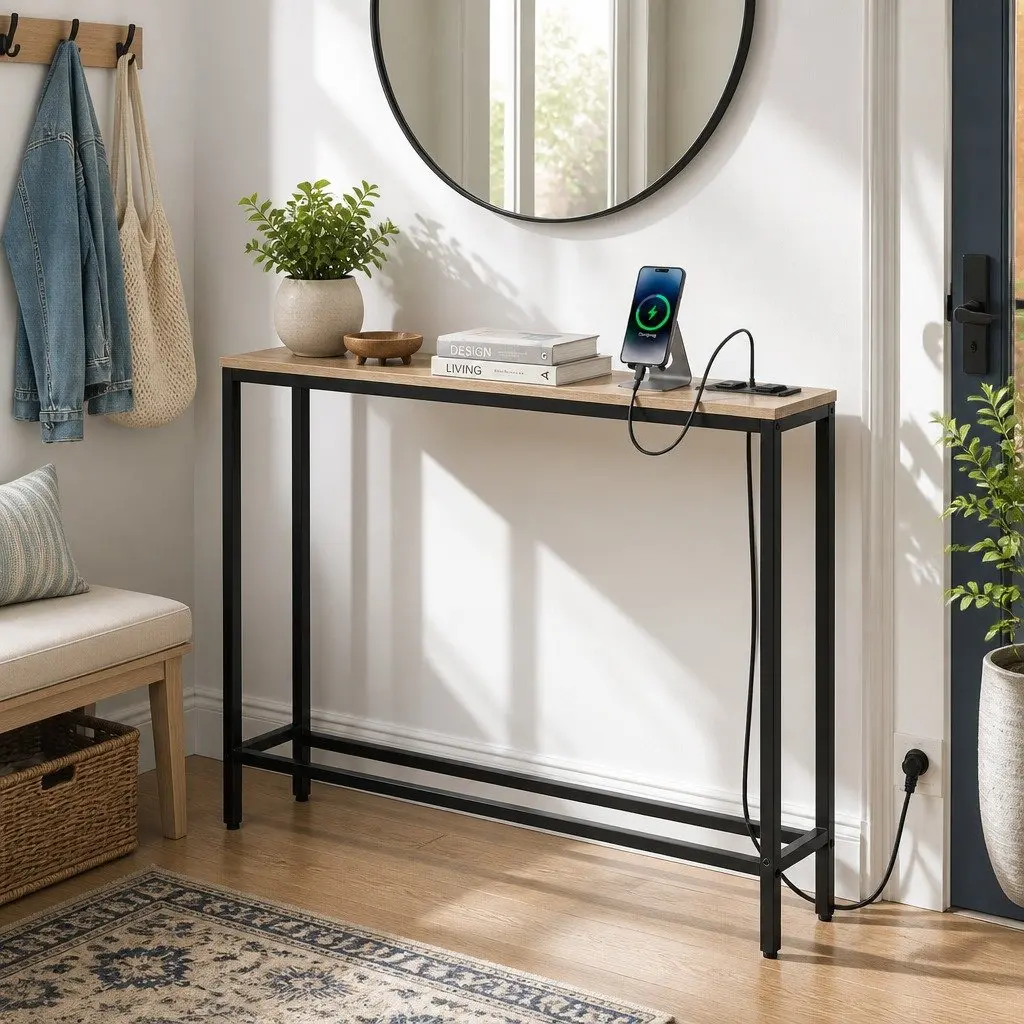 Console Table Entryway Hallway Display Desk with Charging Station Wood Top