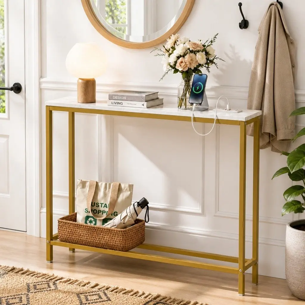 Narrow Console Table with Charging Station for Entryways