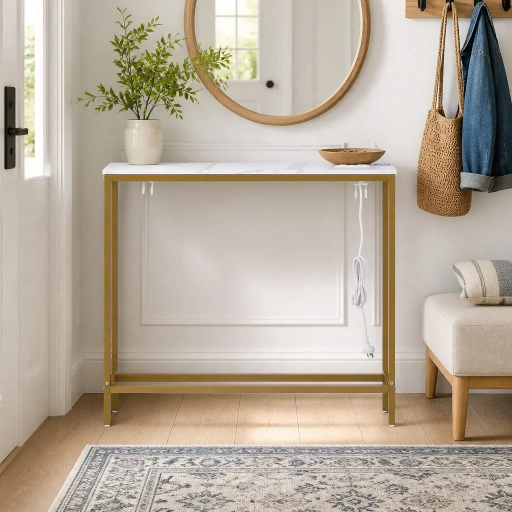 Narrow Console Table with Charging Station for Entryways