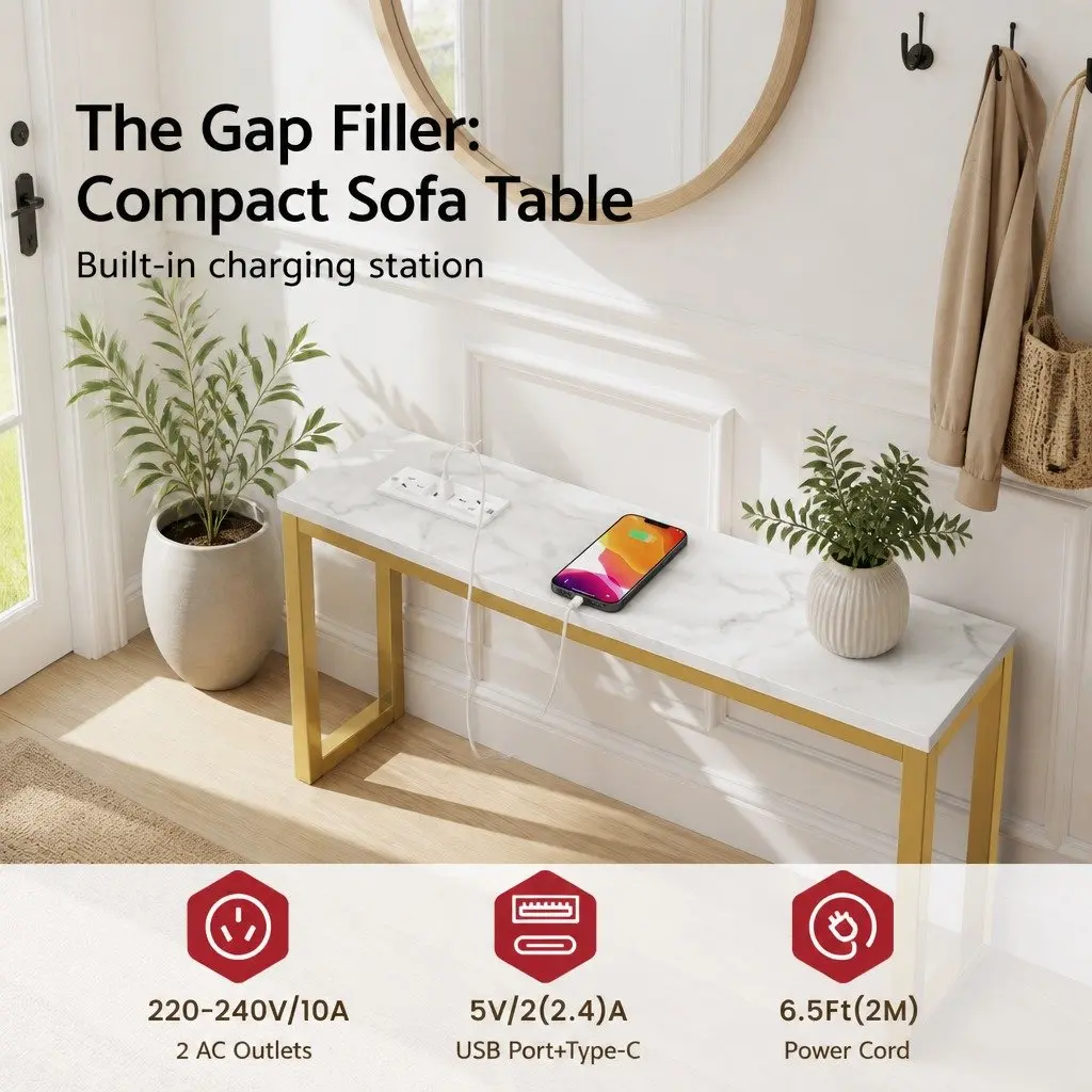 Narrow Console Table with Charging Station for Entryways