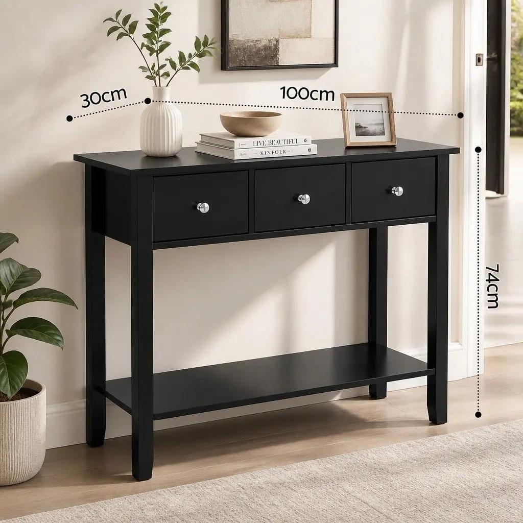 Console Table Black 100cm E1 Particle Board MDF Metal 3 Drawers Storage Shelf