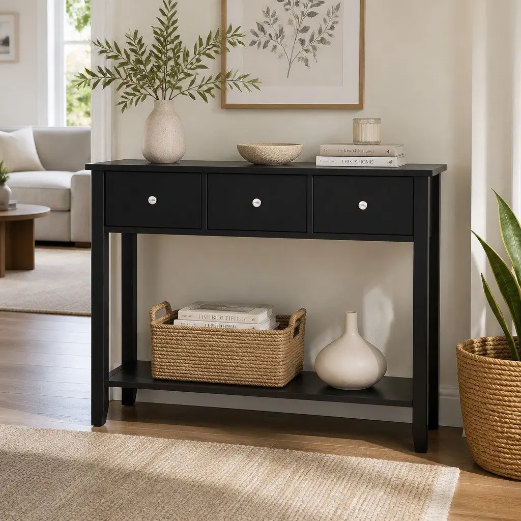 Console Table Black 100cm E1 Particle Board MDF Metal 3 Drawers Storage Shelf
