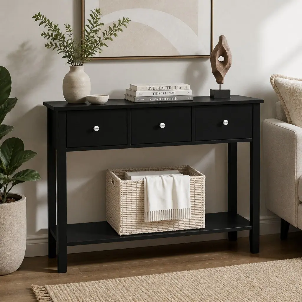 Console Table Black 100cm E1 Particle Board MDF Metal 3 Drawers Storage Shelf