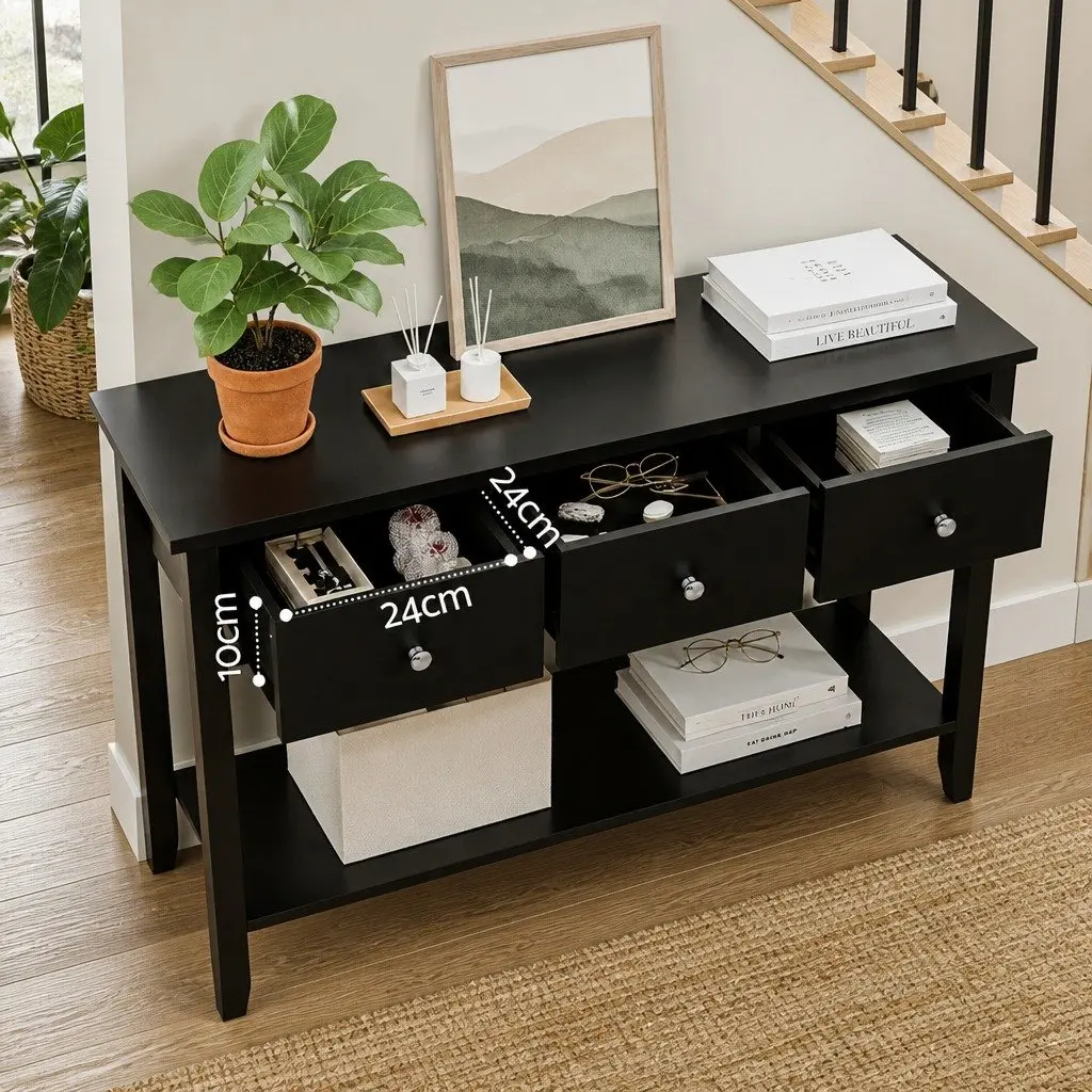 Console Table Black 100cm E1 Particle Board MDF Metal 3 Drawers Storage Shelf