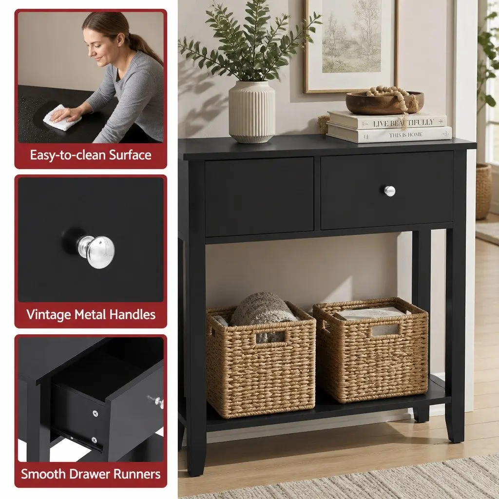 Console Table Black 100cm E1 Particle Board MDF Metal 3 Drawers Storage Shelf