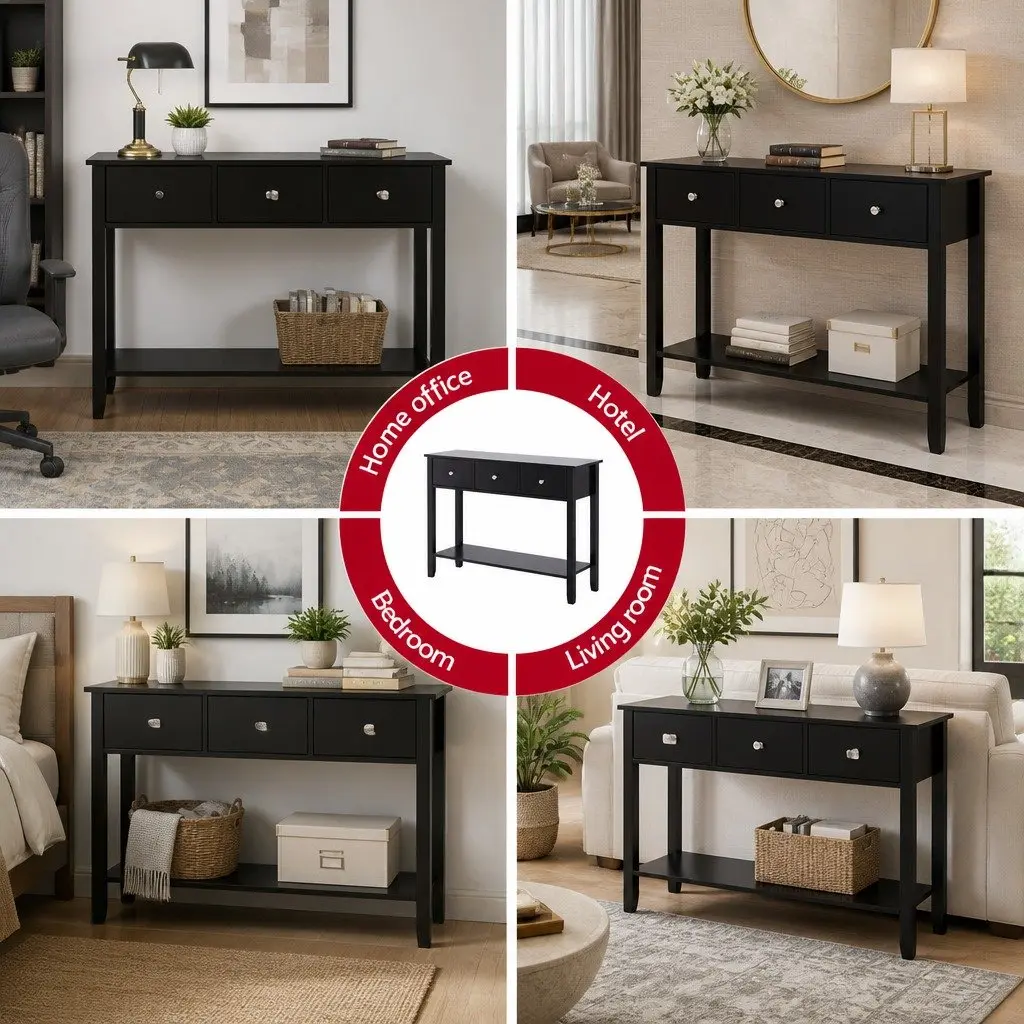 Console Table Black 100cm E1 Particle Board MDF Metal 3 Drawers Storage Shelf