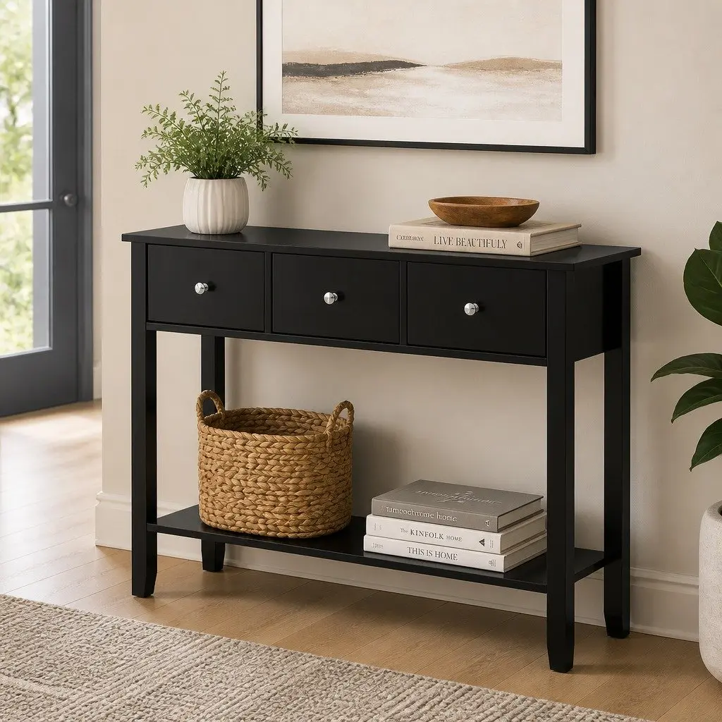 Console Table Black 100cm E1 Particle Board MDF Metal 3 Drawers Storage Shelf
