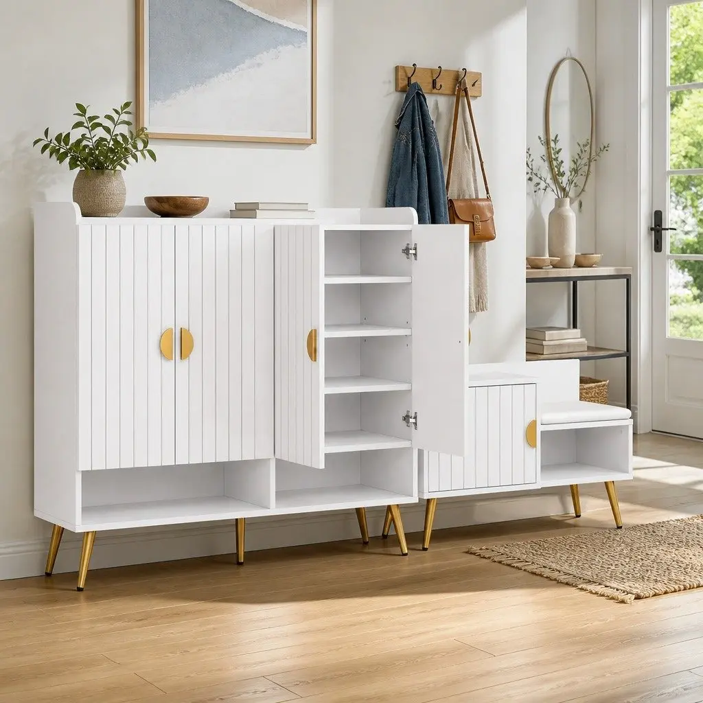Shoe Cabinet Bench Set White 10 Tier Adjustable Shelves PU Leather Padded Seat Freestanding Storage