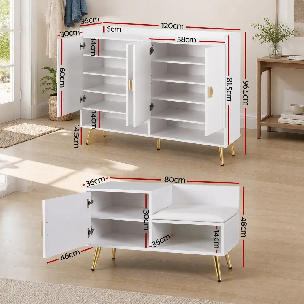 Shoe Cabinet Bench Set White 10 Tier Adjustable Shelves PU Leather Padded Seat Freestanding Storage