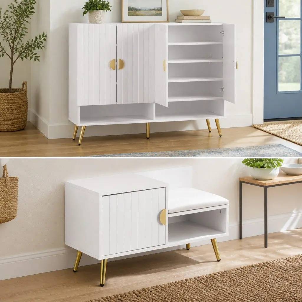 Shoe Cabinet Bench Set White 10 Tier Adjustable Shelves PU Leather Padded Seat Freestanding Storage