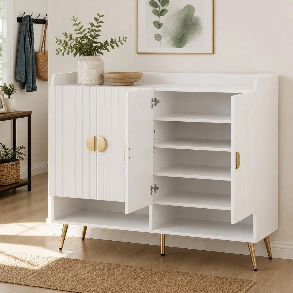 Shoe Cabinet Bench Set White 10 Tier Adjustable Shelves PU Leather Padded Seat Freestanding Storage