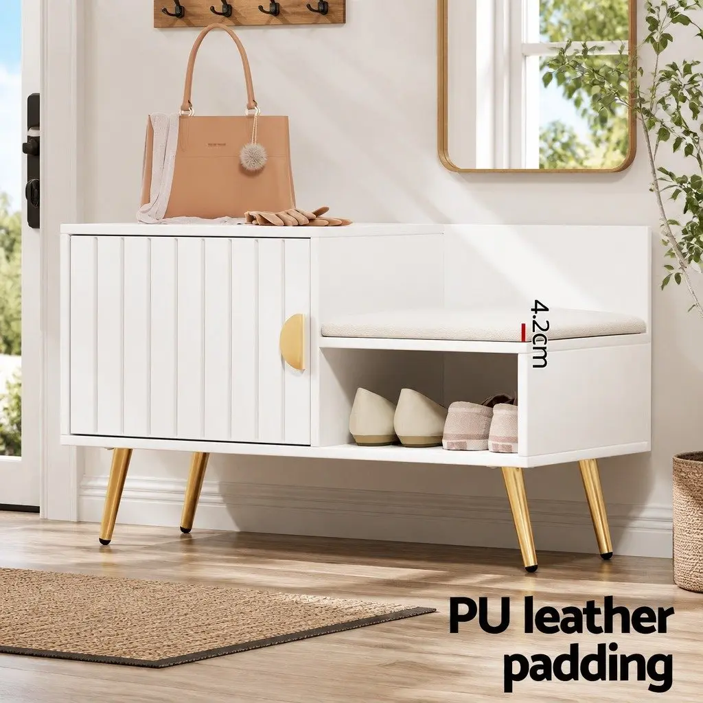 Shoe Cabinet Bench Set White 10 Tier Adjustable Shelves PU Leather Padded Seat Freestanding Storage