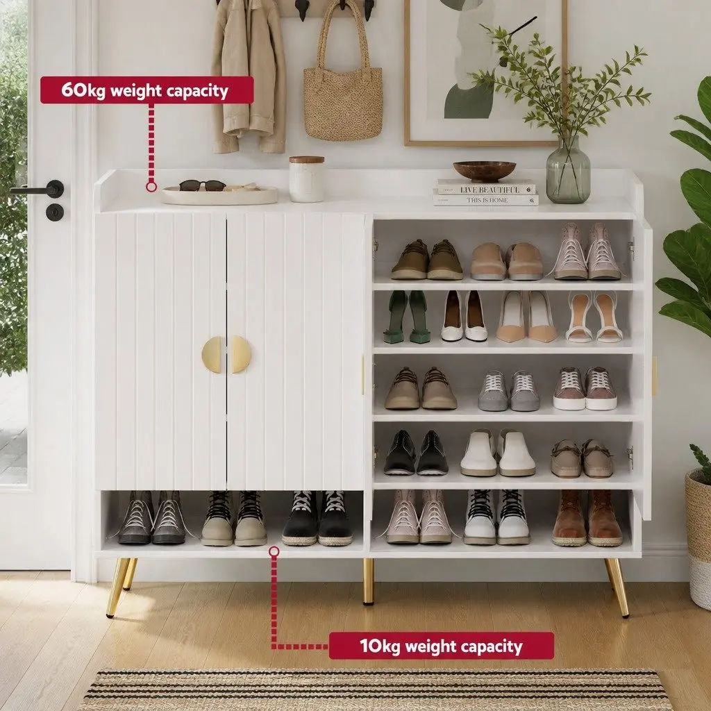 Shoe Cabinet Bench Set White 10 Tier Adjustable Shelves PU Leather Padded Seat Freestanding Storage