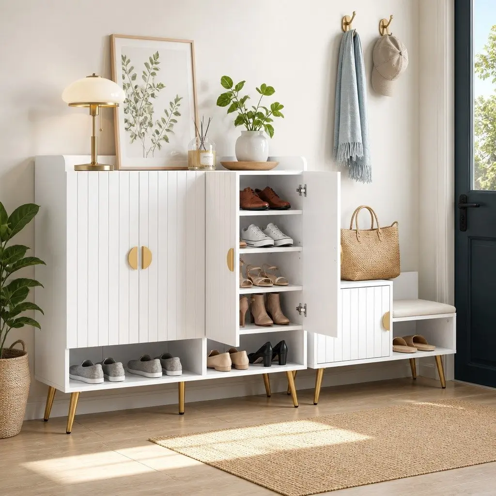 Shoe Cabinet Bench Set White 10 Tier Adjustable Shelves PU Leather Padded Seat Freestanding Storage