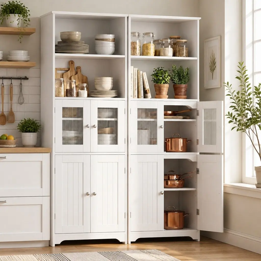Buffet Sideboard Cabinet White 60cm x 30cm x 160cm Particle Board with Frosted Glass and Shaker Slatted Doors Set of 2