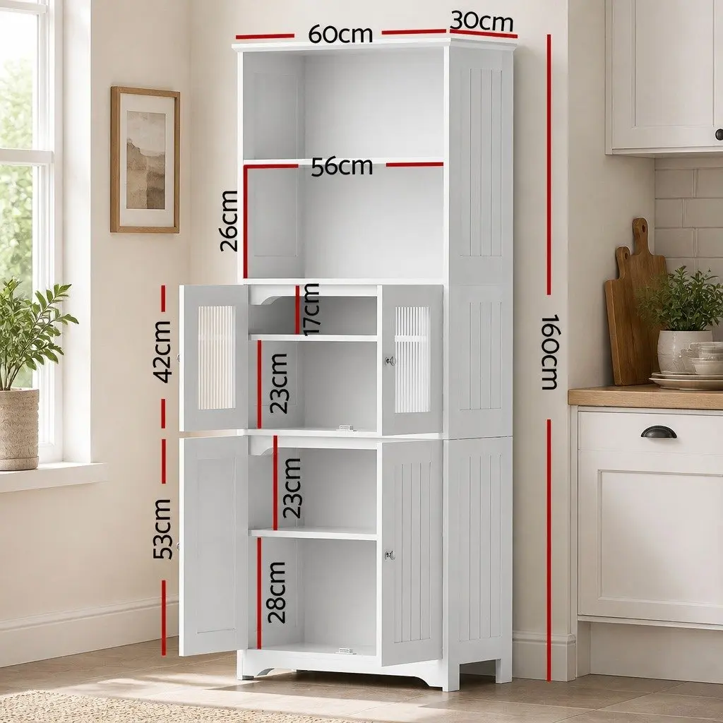 Buffet Sideboard Cabinet White 60cm x 30cm x 160cm Particle Board with Frosted Glass and Shaker Slatted Doors Set of 2