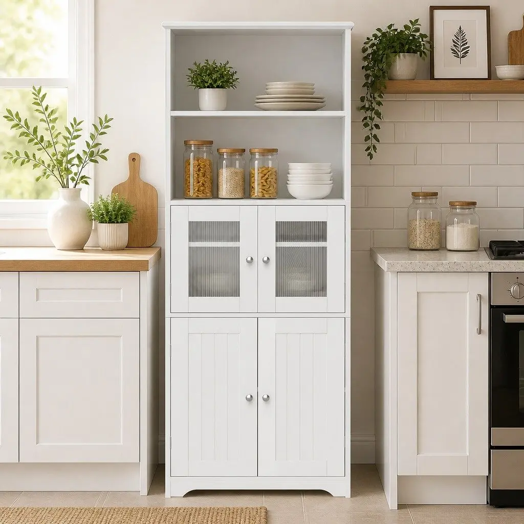 Buffet Sideboard Cabinet White 60cm x 30cm x 160cm Particle Board with Frosted Glass and Shaker Slatted Doors Set of 2