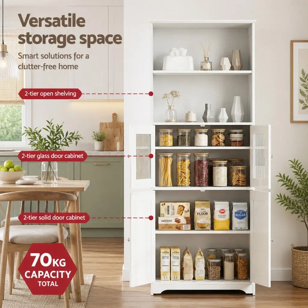 Buffet Sideboard Cabinet White 60cm x 30cm x 160cm Particle Board with Frosted Glass and Shaker Slatted Doors Set of 2