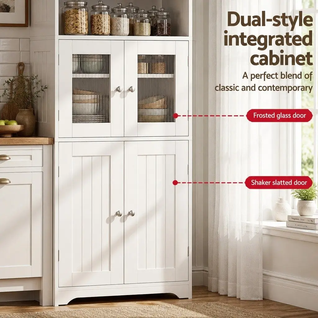 Buffet Sideboard Cabinet White 60cm x 30cm x 160cm Particle Board with Frosted Glass and Shaker Slatted Doors Set of 2