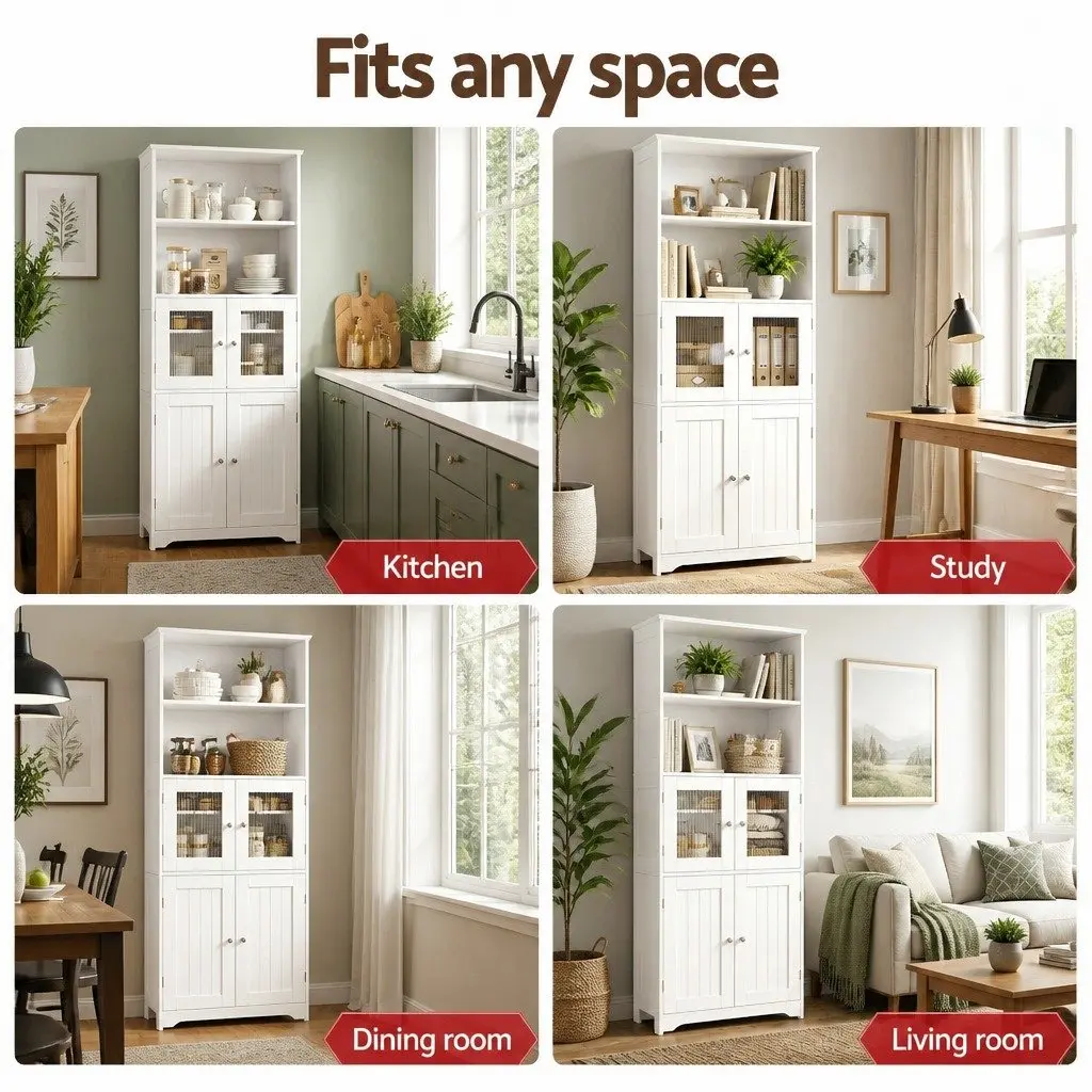 Buffet Sideboard Cabinet White 60cm x 30cm x 160cm Particle Board with Frosted Glass and Shaker Slatted Doors Set of 2