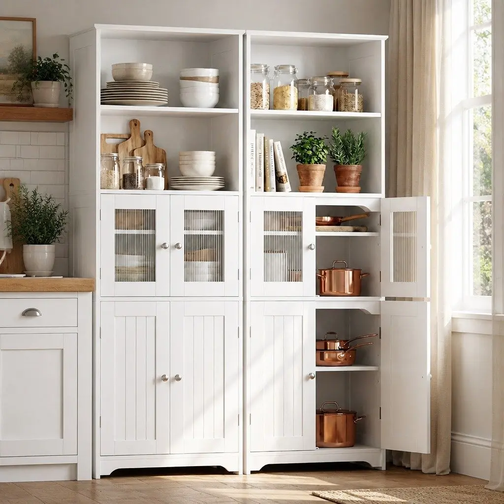 Buffet Sideboard Cabinet White 60cm x 30cm x 160cm Particle Board with Frosted Glass and Shaker Slatted Doors Set of 2