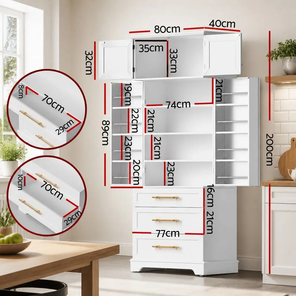 Buffet Sideboard Cabinet White Hamptons Style 80cm x 40cm x 200cm Particle Board and MDF
