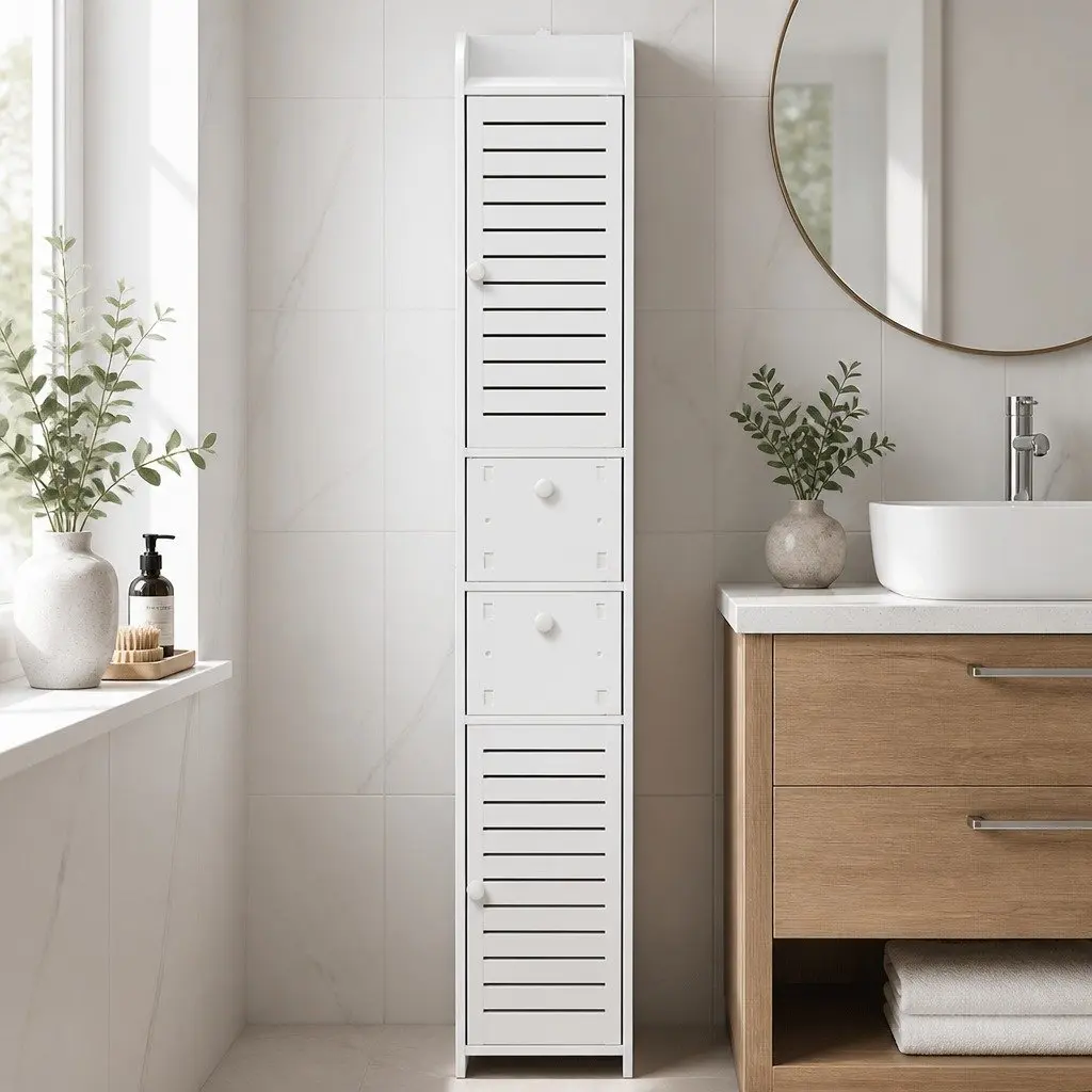 Bathroom Storage Cabinet White 2X Tallboy Cupboard Drawers Wood Plastic Board