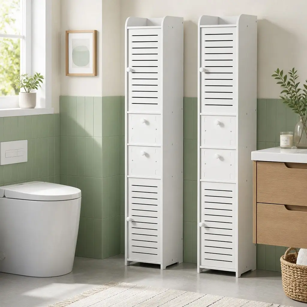 Bathroom Storage Cabinet White 2X Tallboy Cupboard Drawers Wood Plastic Board