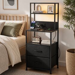 Stylish Bedside Table with LED Charging Station in Black