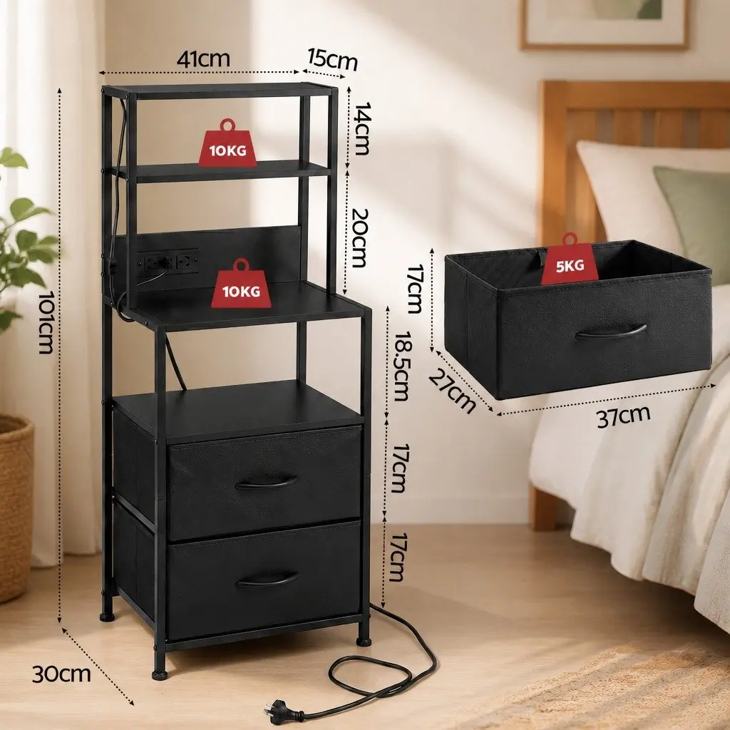 Bedside Table Nightstand Black with Charging Station LED Drawers Storage MDF Metal Handles