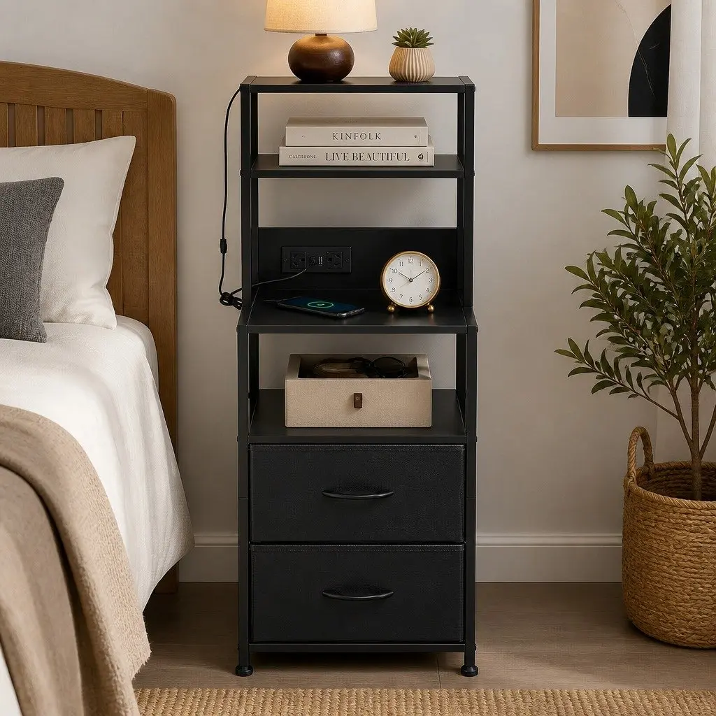 Bedside Table Nightstand Black with Charging Station LED Drawers Storage MDF Metal Handles