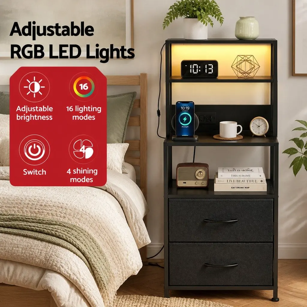 Bedside Table Nightstand Black with Charging Station LED Drawers Storage MDF Metal Handles