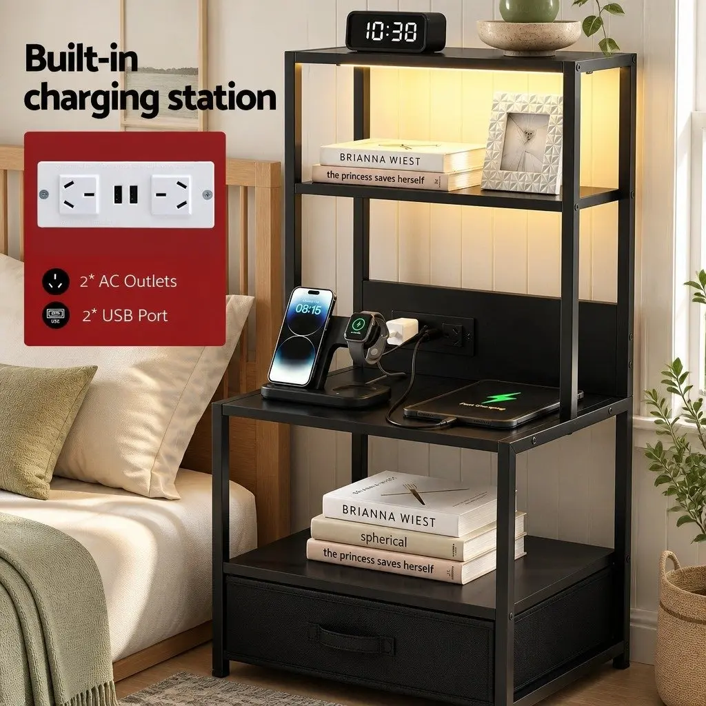 Bedside Table Nightstand Black with Charging Station LED Drawers Storage MDF Metal Handles