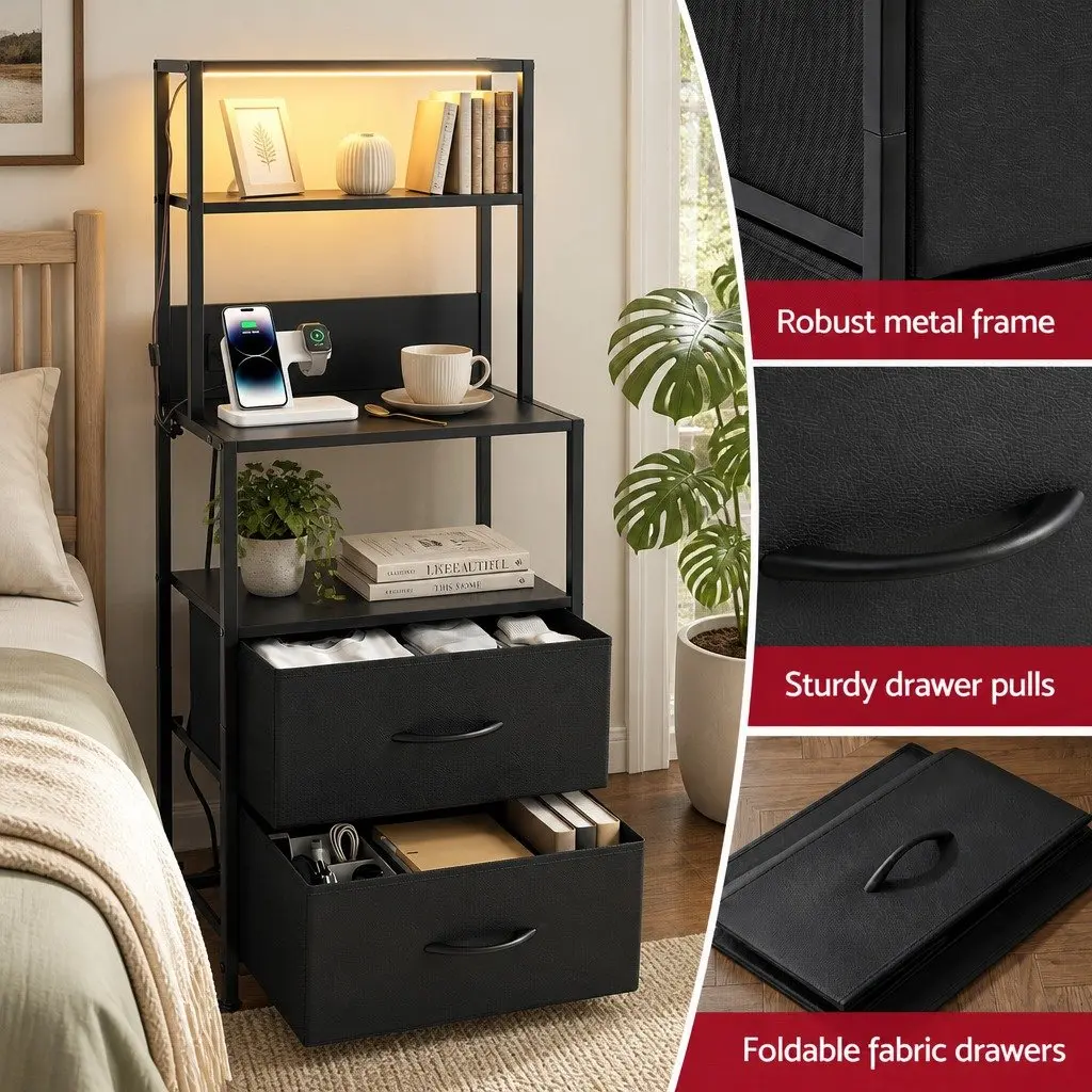 Bedside Table Nightstand Black with Charging Station LED Drawers Storage MDF Metal Handles