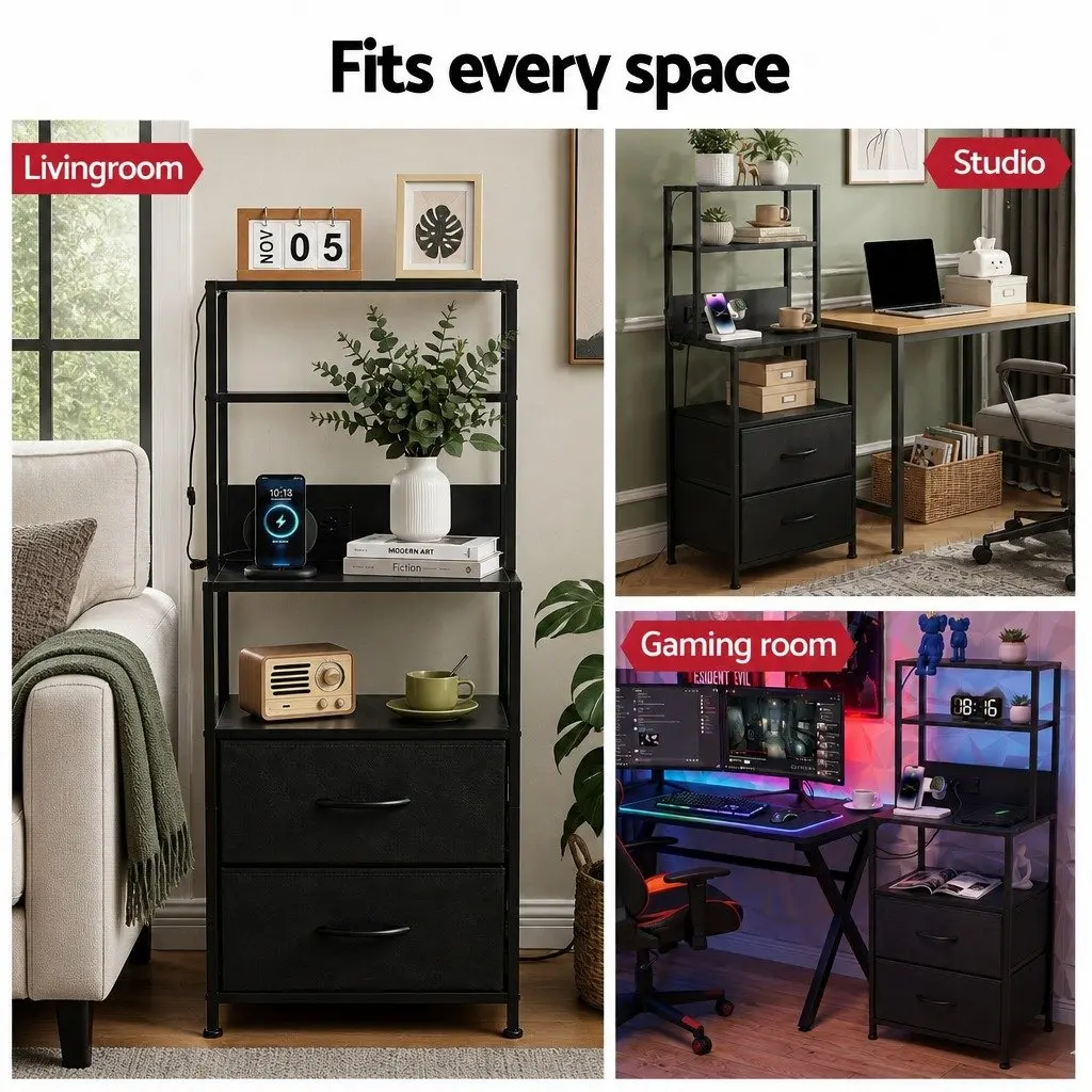 Bedside Table Nightstand Black with Charging Station LED Drawers Storage MDF Metal Handles