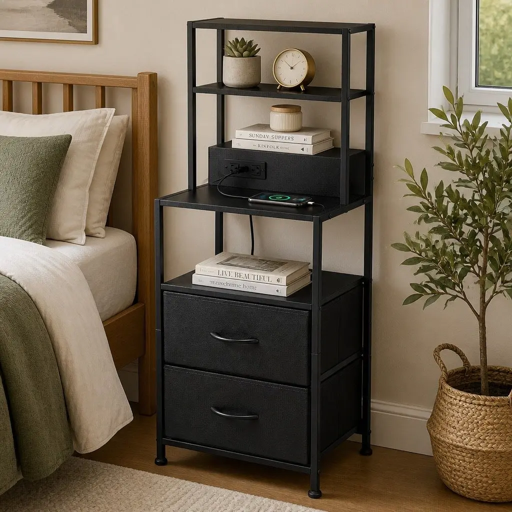 Bedside Table Nightstand Black with Charging Station LED Drawers Storage MDF Metal Handles