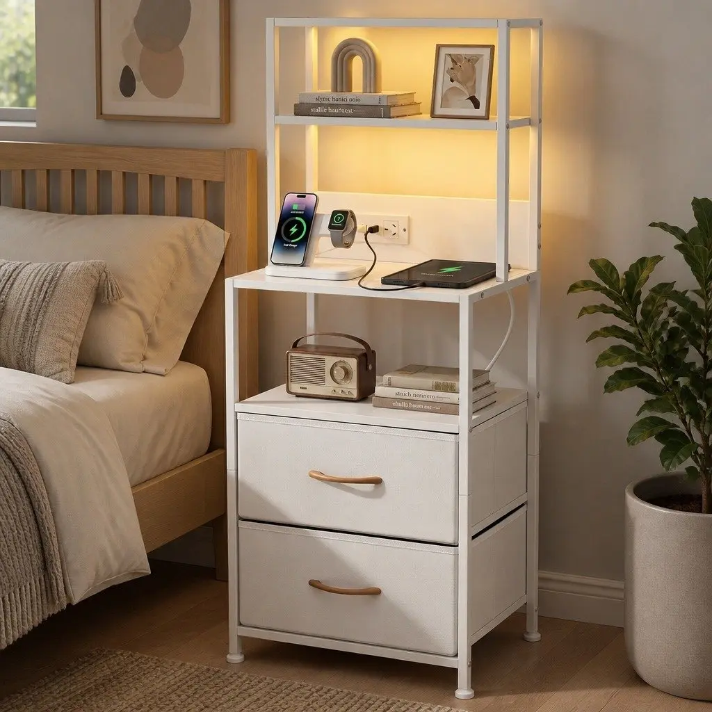 White Nightstand with Charging Station and LED Lighting