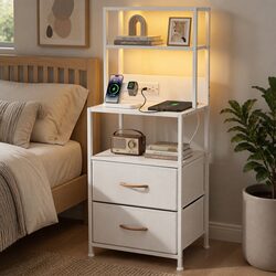 White Nightstand with Charging Station and LED Lighting