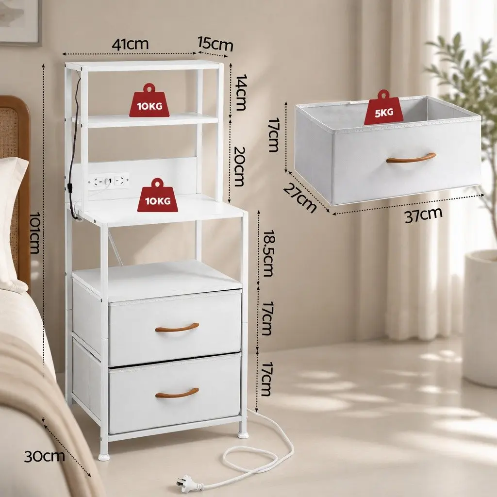 White Nightstand with Charging Station and LED Lighting