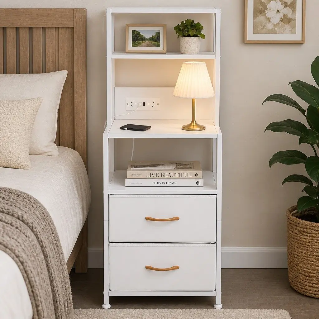 White Nightstand with Charging Station and LED Lighting