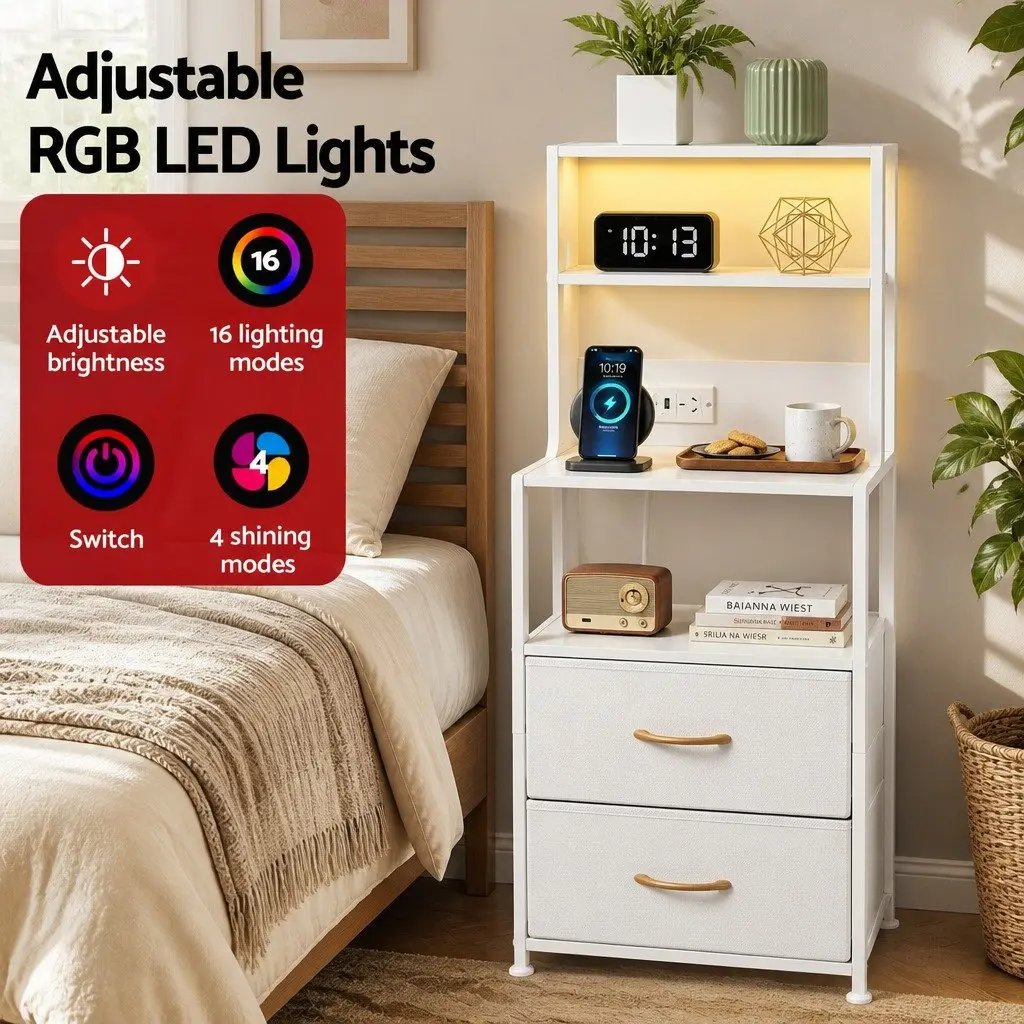 White Nightstand with Charging Station and LED Lighting