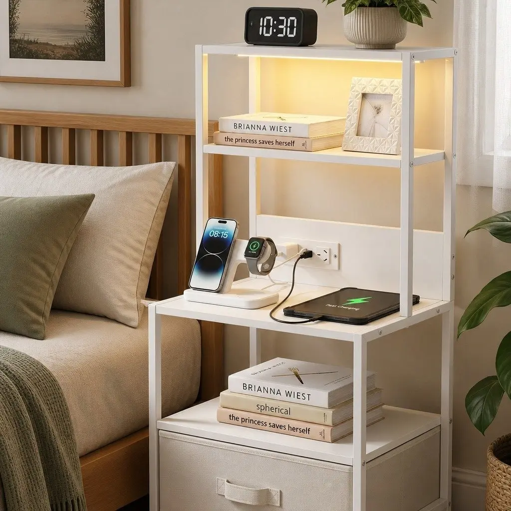 White Nightstand with Charging Station and LED Lighting