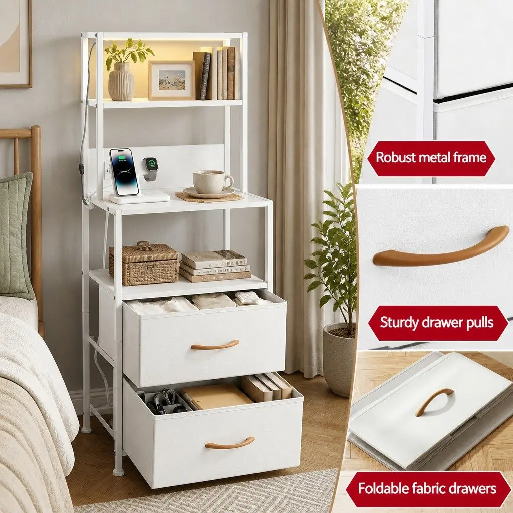 White Nightstand with Charging Station and LED Lighting