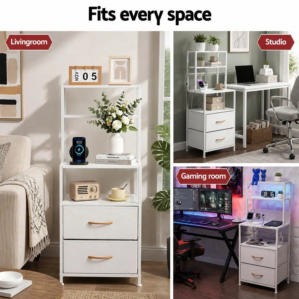White Nightstand with Charging Station and LED Lighting