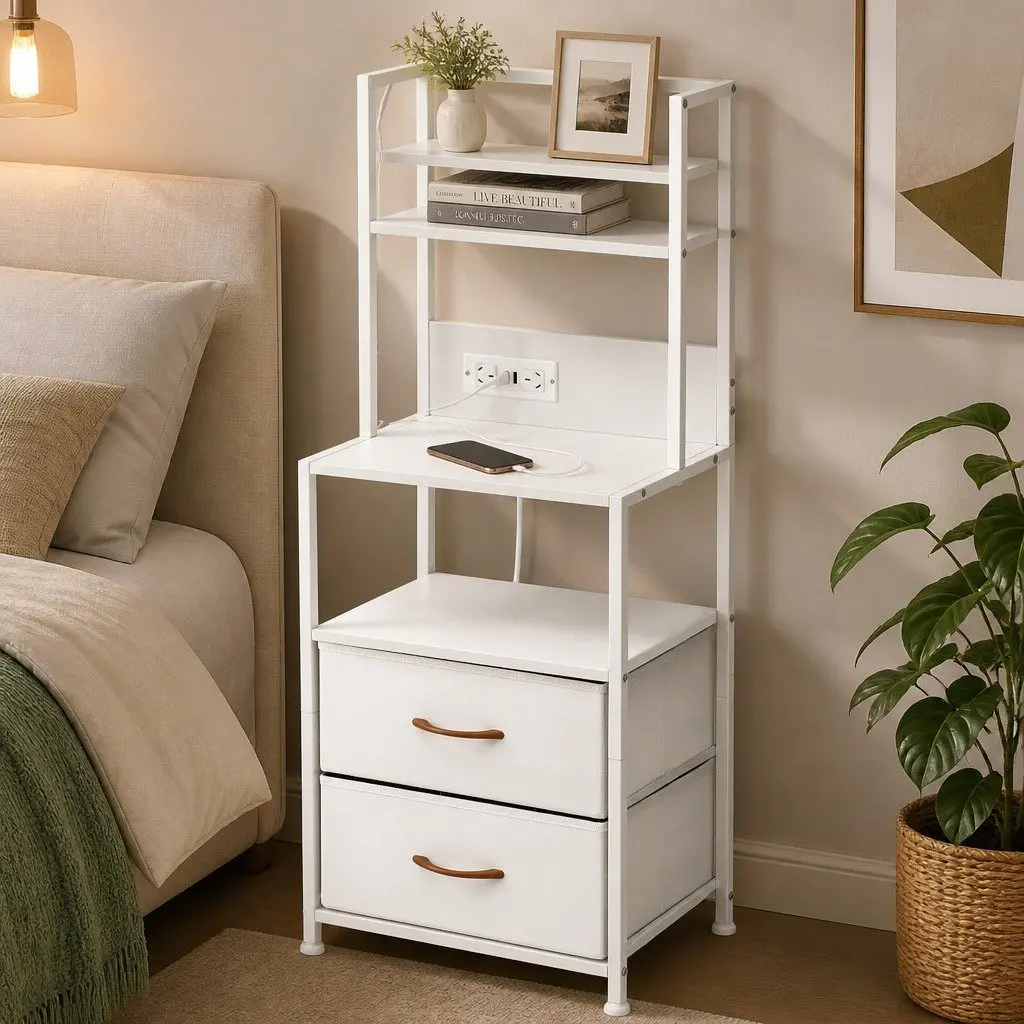 White Nightstand with Charging Station and LED Lighting