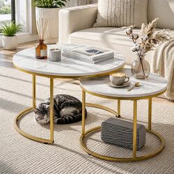 Round Nesting Coffee Tables in White and Gold