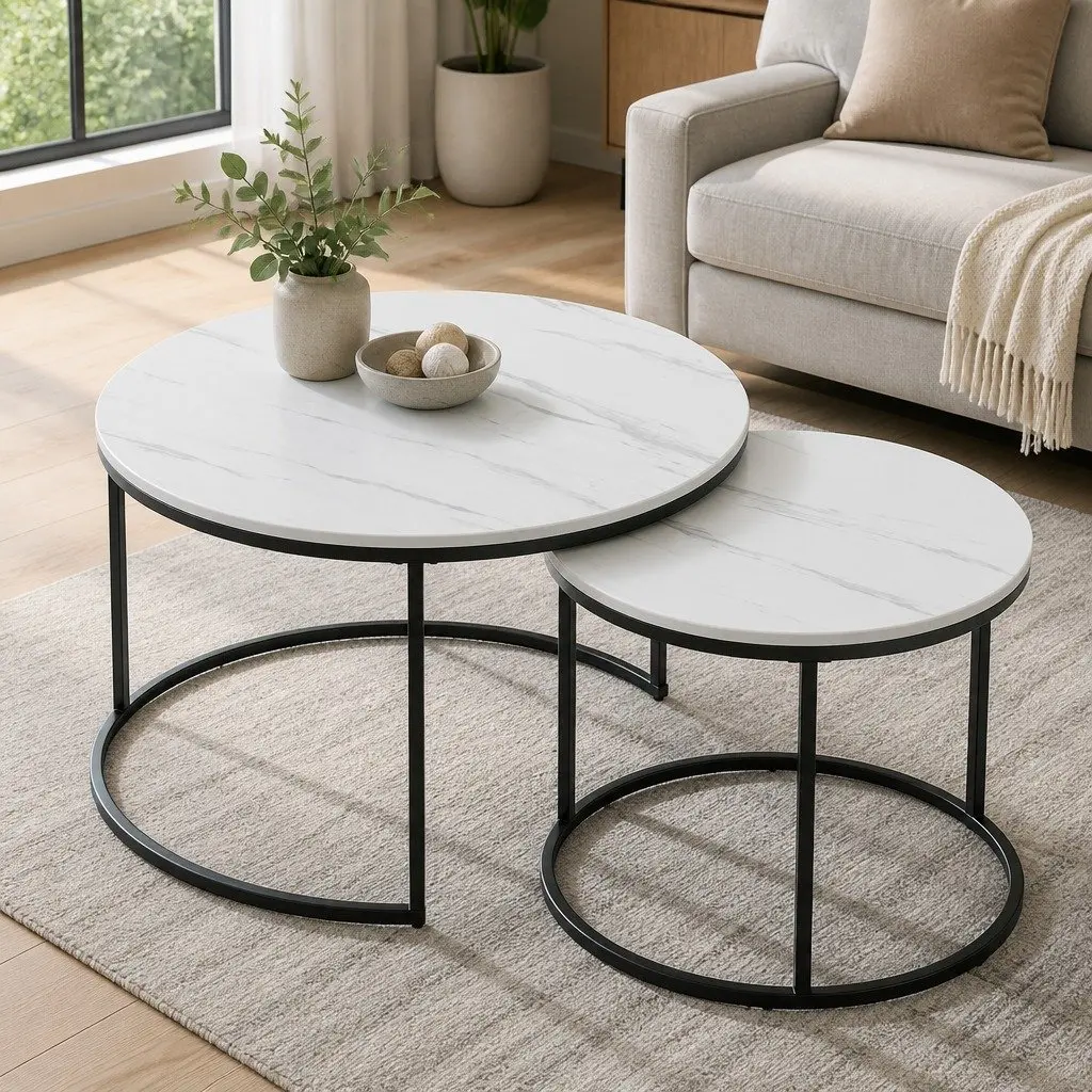 Nesting Coffee Table Set of 2 Marble Effect Black White Living Room Furniture